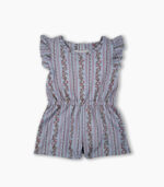 Vintage Light Blue Floral Vine & Striped Ruffle Romper, Toddler Girls Sweet Short Jumpsuit