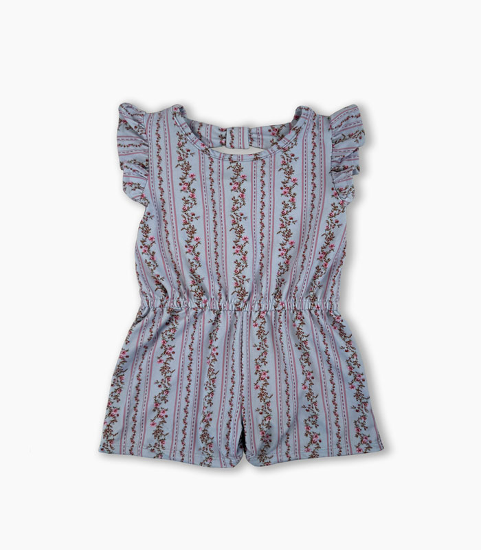 连衣裙长条正面 Vintage Light Blue Floral Vine & Striped Ruffle Romper, Toddler Girls Sweet Short Jumpsuit - Image 1